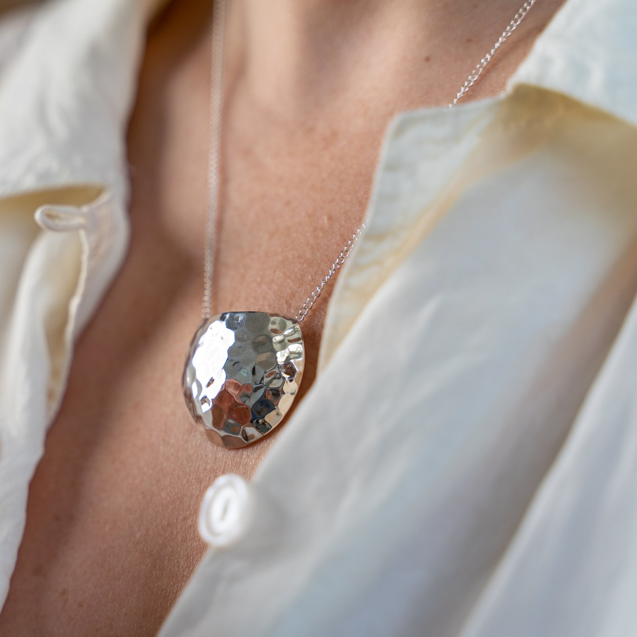 Hammered texture domed 100% recycled sterling silver handmade necklace MeganCollinsJewellery